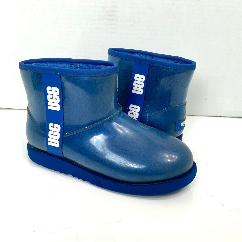 UGG Kig Kids 5/Womens 6.5 Blue Clear Mini Waterproof Ankle Rain Boots Fleece